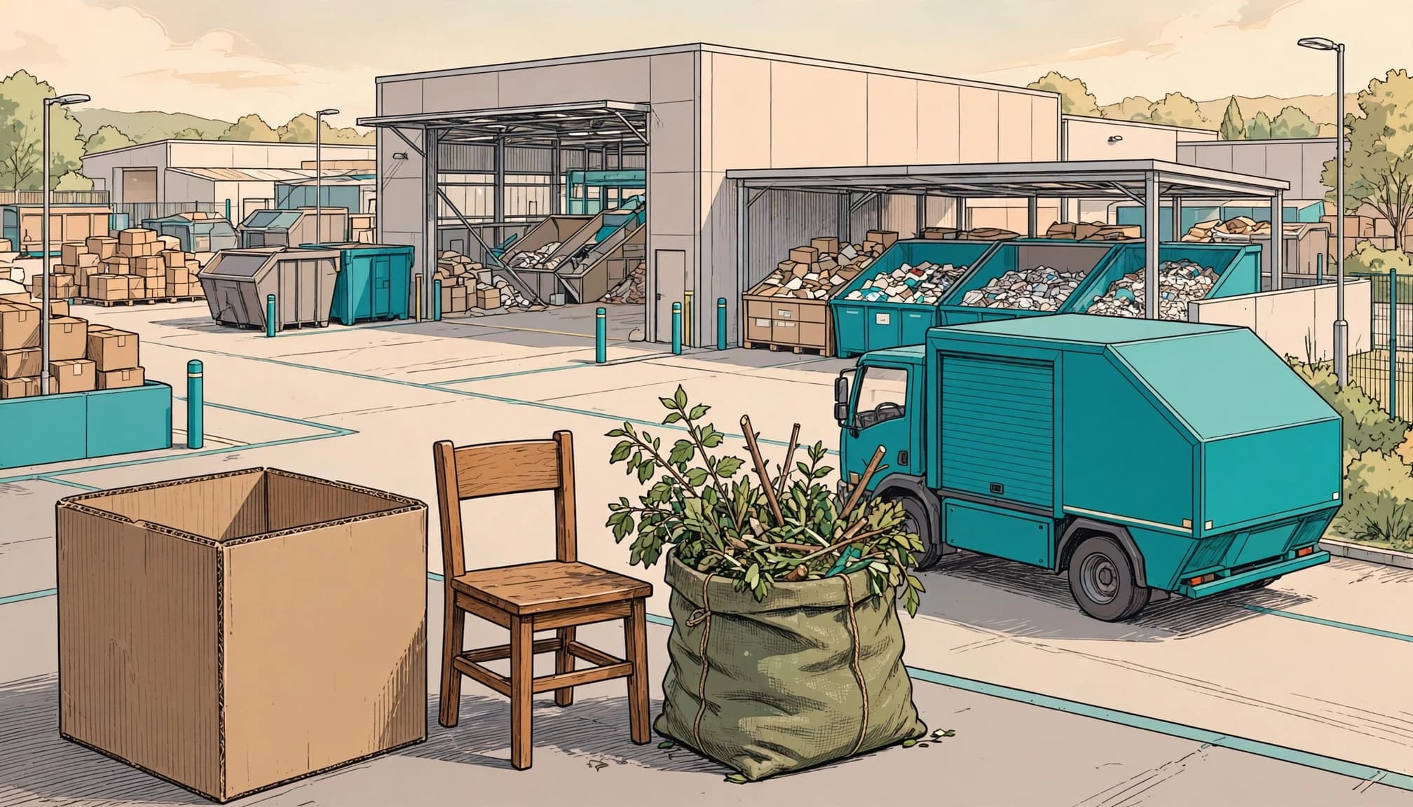 A box, chair, and garden cuttings stand beside a collection vehicle at a recycling yard.