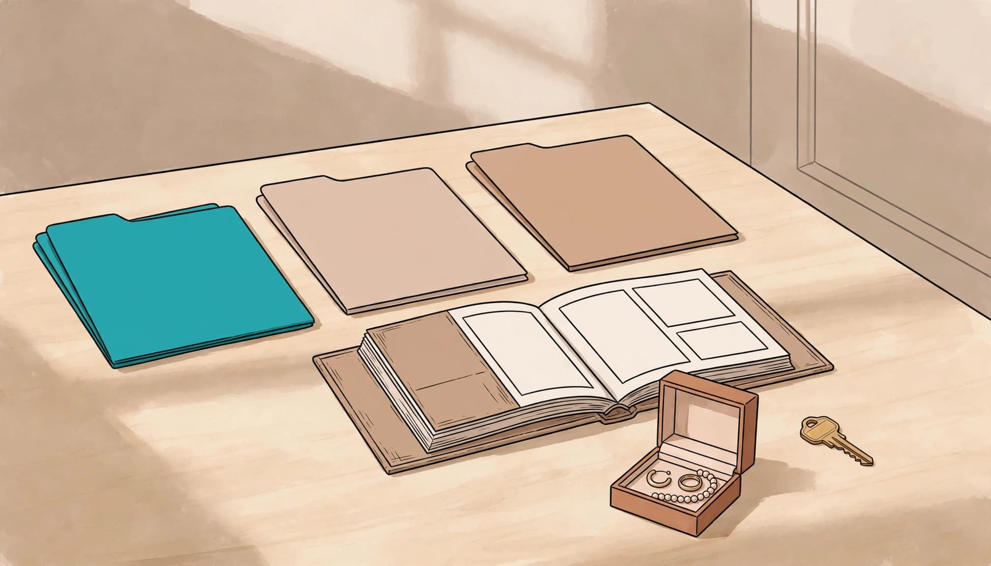 Folders, a photo album, jewellery box, and key are arranged separately on a table.