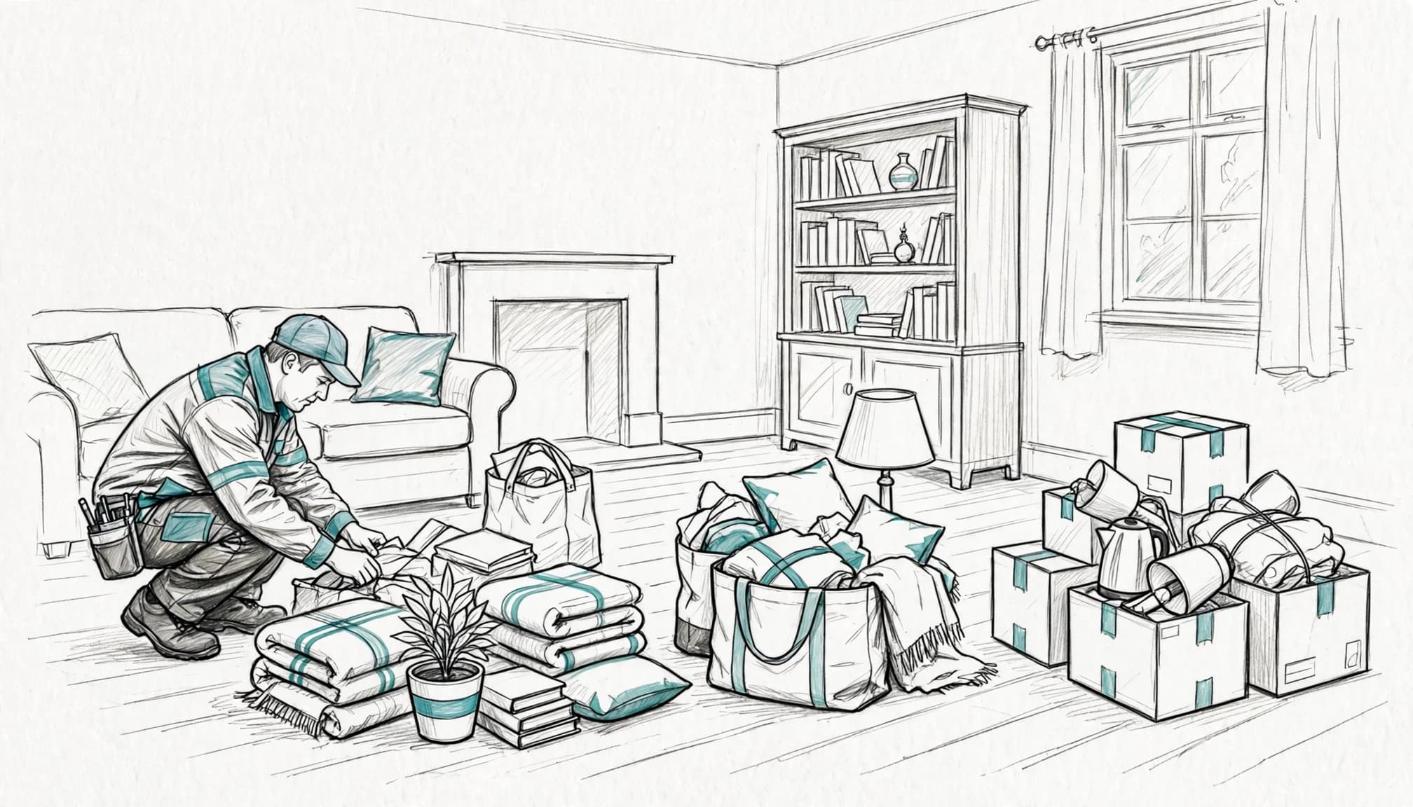 One worker sorts furniture, bags, and boxes into groups in a tidy living room.