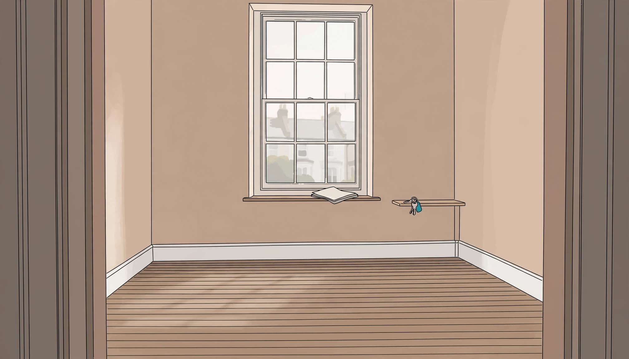 An empty living room with bare floorboards, a sash window, an inspection sheet, and keys.