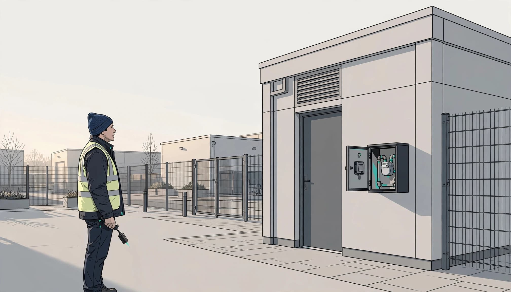 One inspector checks a closed door and water meter cabinet in a fenced courtyard.