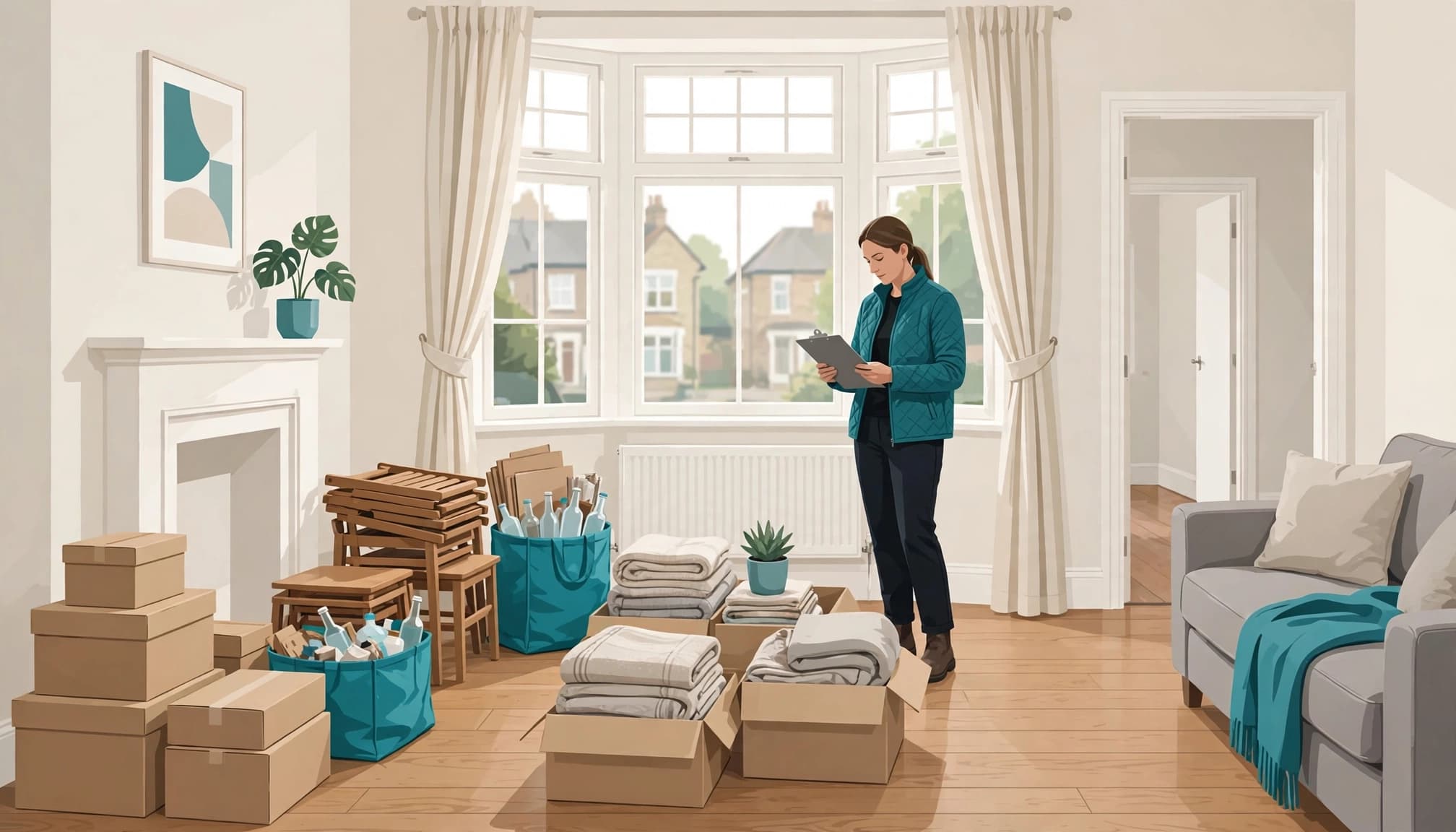 A professional checks sorted household items in a bright, uncluttered sitting room.