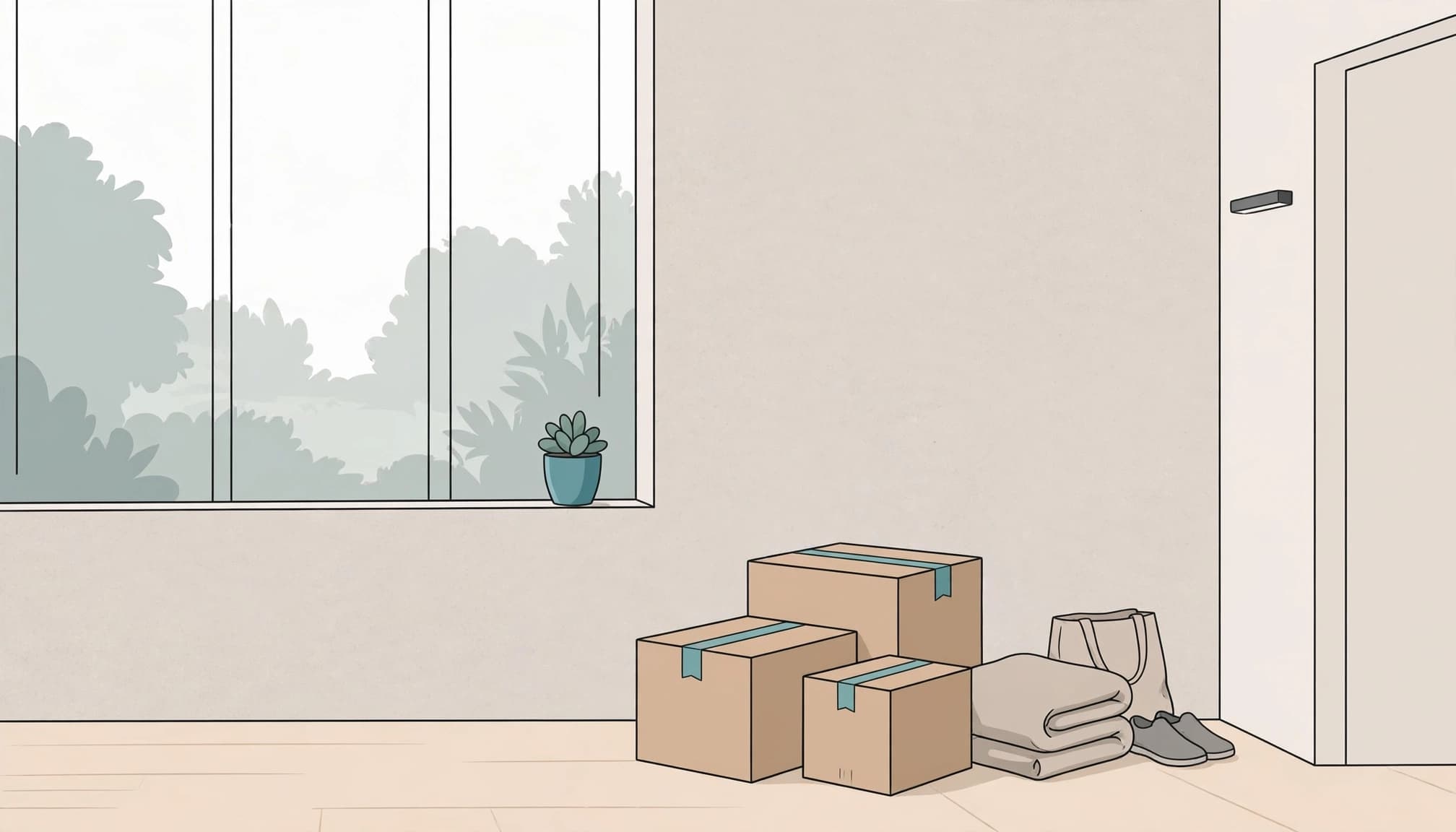 A clean empty sitting room with grouped belongings and sealed boxes.