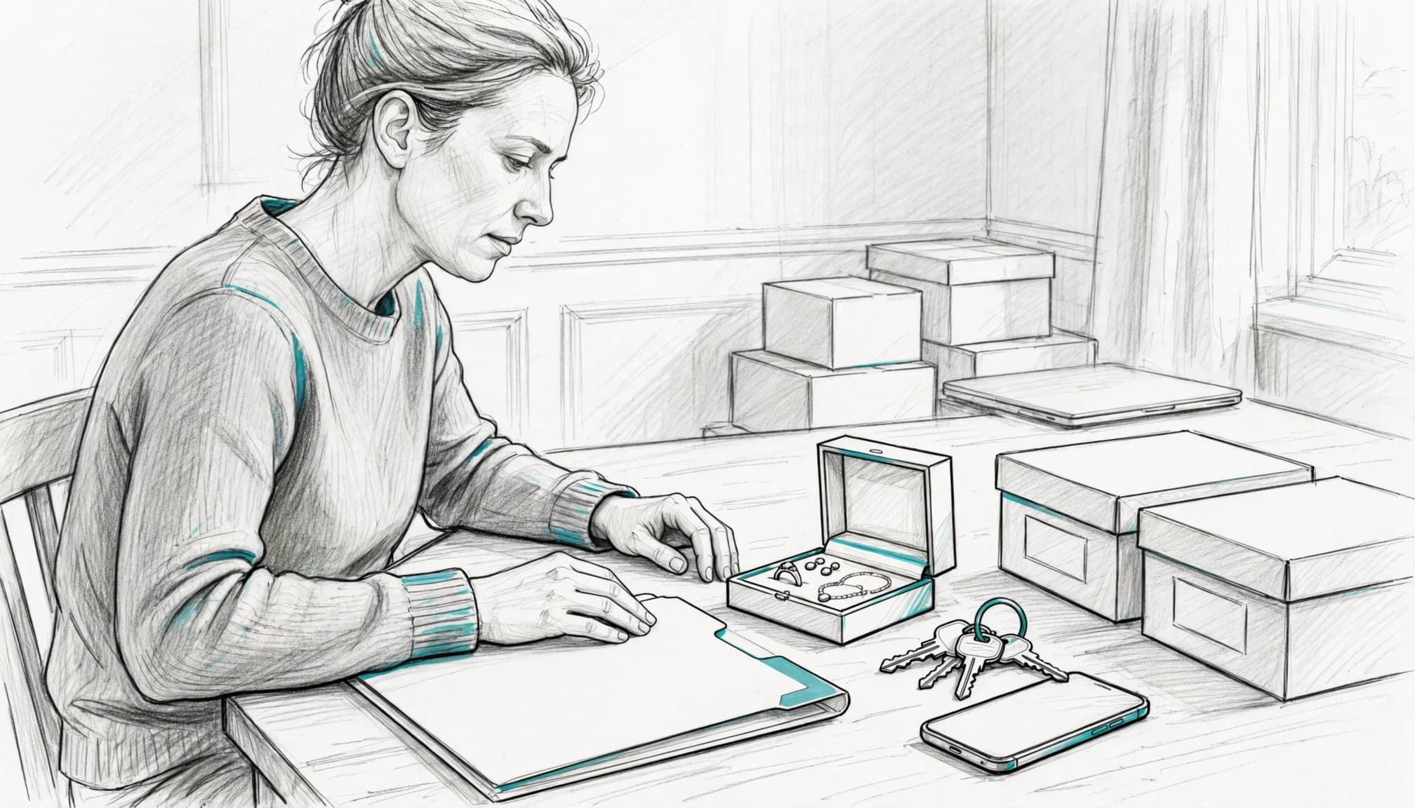 An executor reviews keys, a folder, jewellery box, and phone beside packed storage boxes.