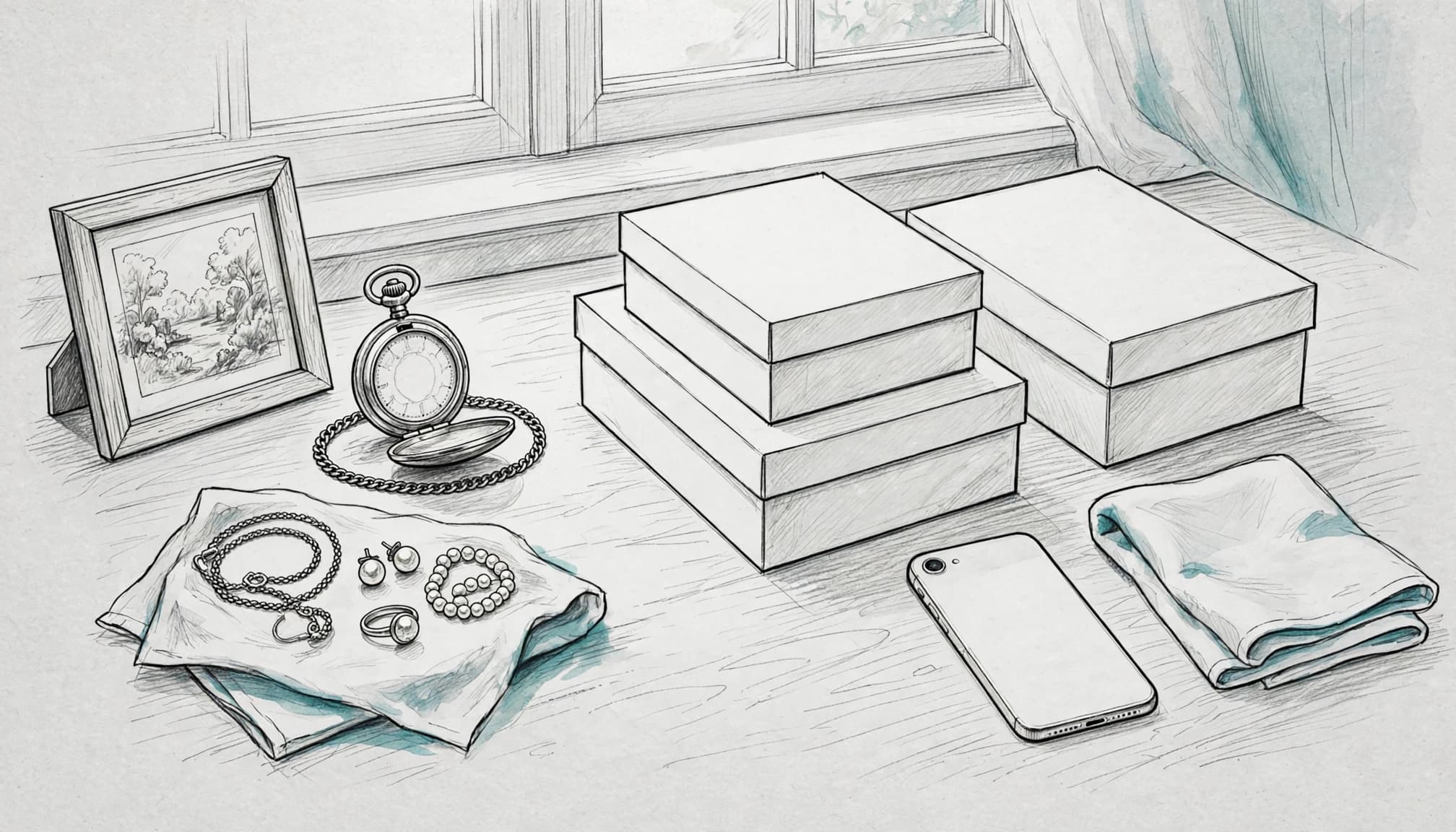 Estate items, jewellery, storage boxes, and a face-down phone arranged on a table by a window.