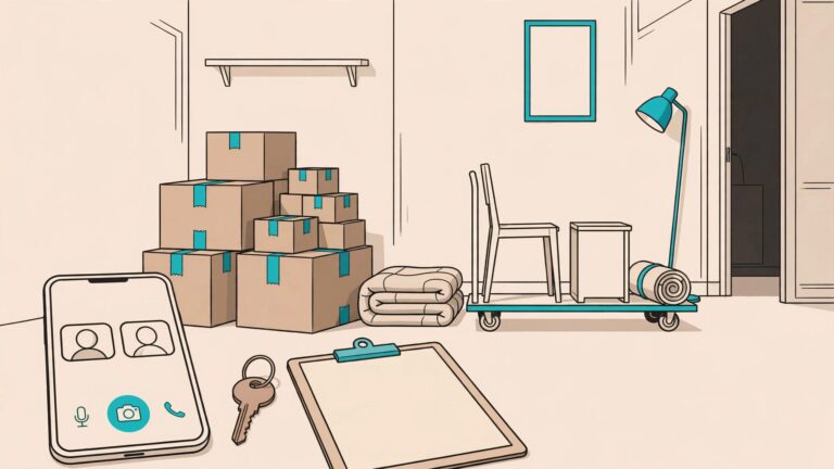 A phone, key, and clipboard sit before sorted boxes and furniture in a tidy home.