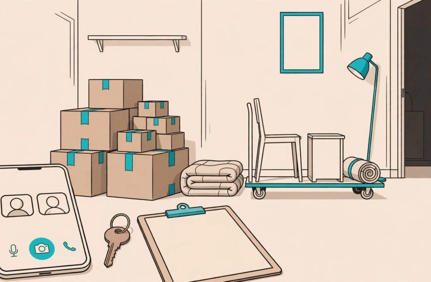 A phone, key, and clipboard sit before sorted boxes and furniture in a tidy home.