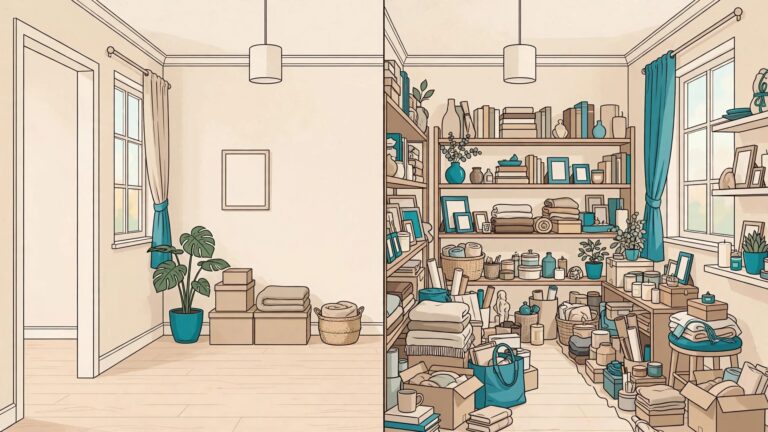 An orderly room beside a crowded room with narrow pathways and mixed belongings.