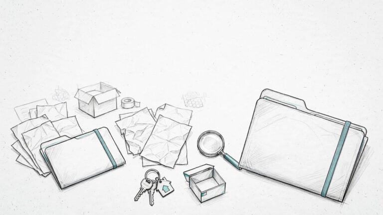 A folder, house papers, keys, and magnifying glass arranged on a tabletop.