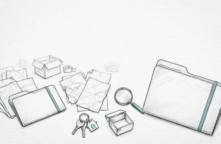 A folder, house papers, keys, and magnifying glass arranged on a tabletop.