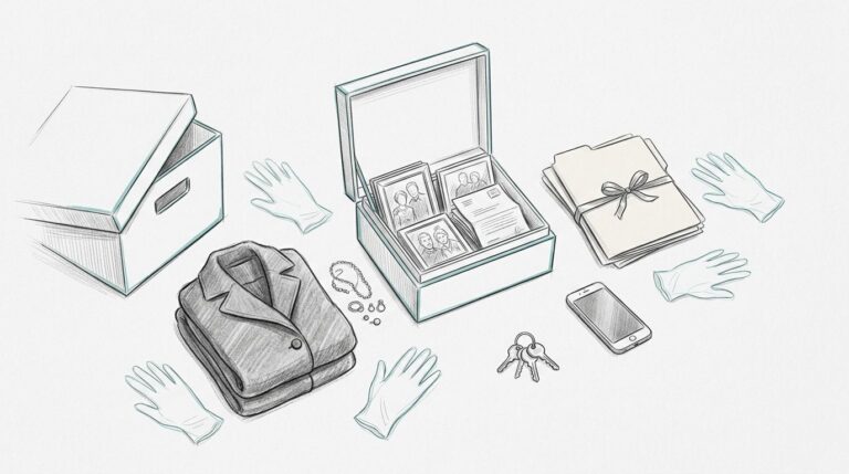 Organized belongings, photographs, documents, and keepsake boxes on a sorting table.