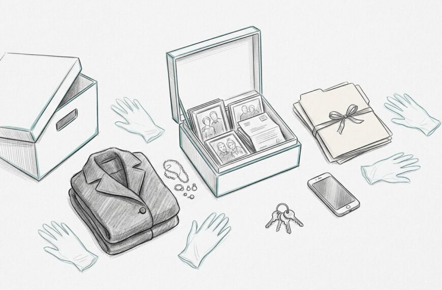 Organized belongings, photographs, documents, and keepsake boxes on a sorting table.