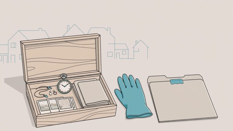 Open keepsake box with jewellery, documents, a watch, and photos beside an archival glove.