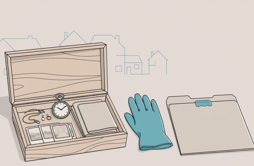Open keepsake box with jewellery, documents, a watch, and photos beside an archival glove.
