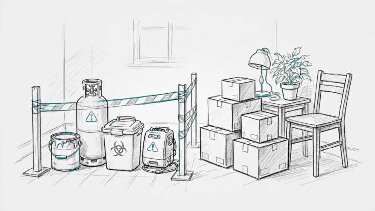 Furniture and boxes sit apart from restricted household items behind a barrier.