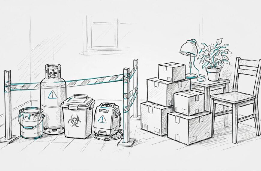 Furniture and boxes sit apart from restricted household items behind a barrier.