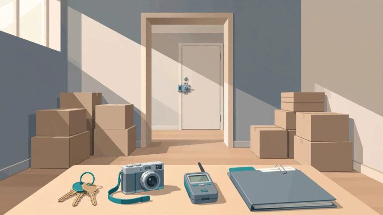 Empty rental room with secured doorway, labeled boxes, keys, camera, and documentation tools.