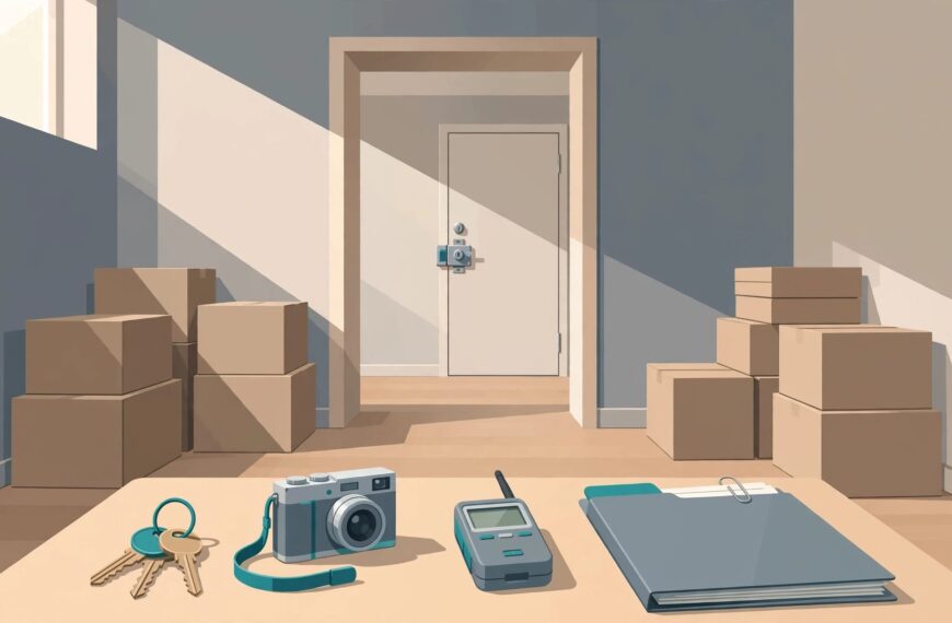 Empty rental room with secured doorway, labeled boxes, keys, camera, and documentation tools.