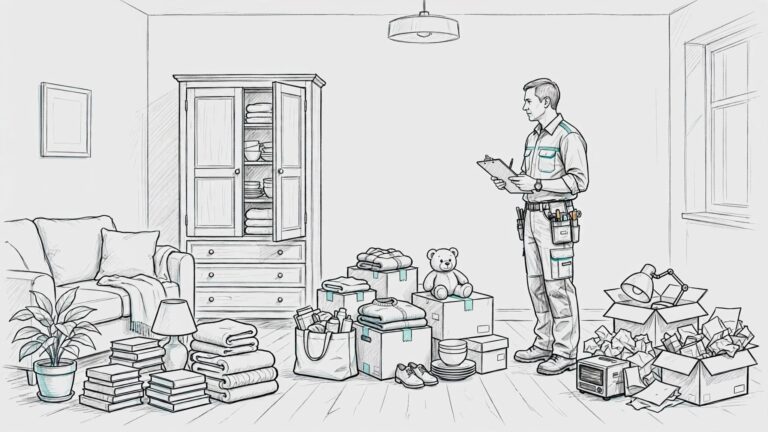 A worker with a clipboard sorts boxes and belongings in a living room.