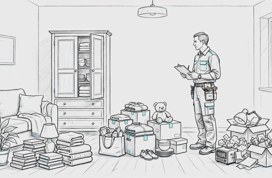 A worker with a clipboard sorts boxes and belongings in a living room.