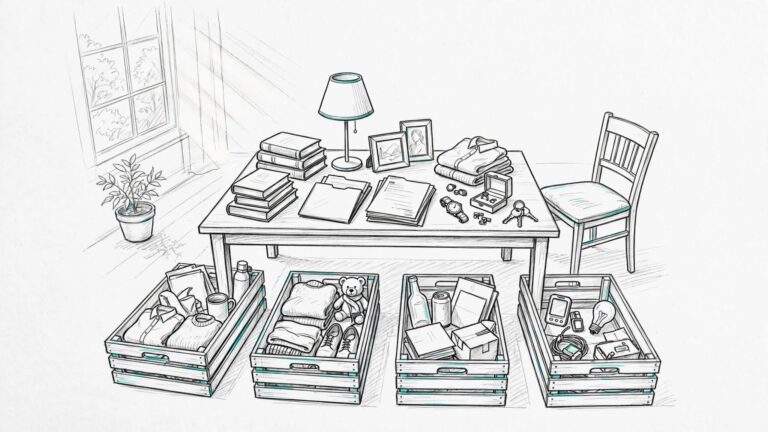 Belongings sorted into crates for reuse, donation, recycling, and disposal.