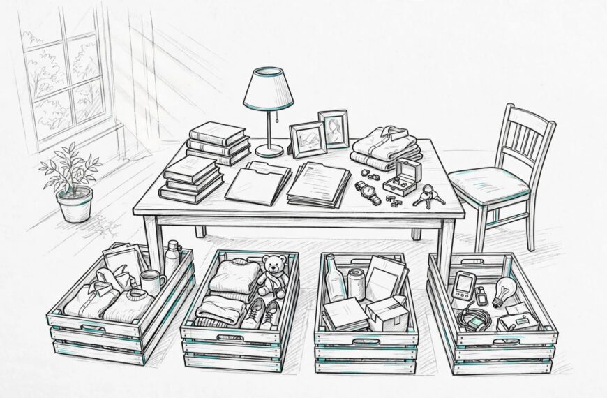 Belongings sorted into crates for reuse, donation, recycling, and disposal.
