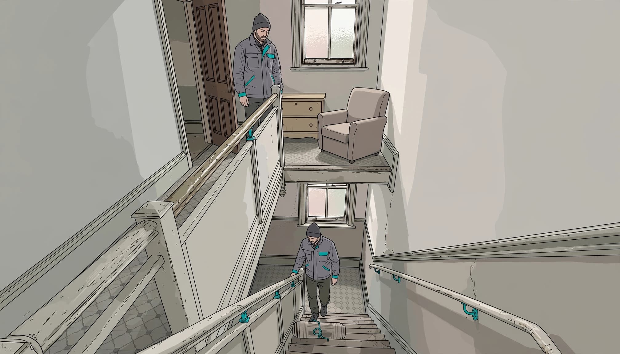 Two workers and bulky items on a narrow staircase during a flat clearance.