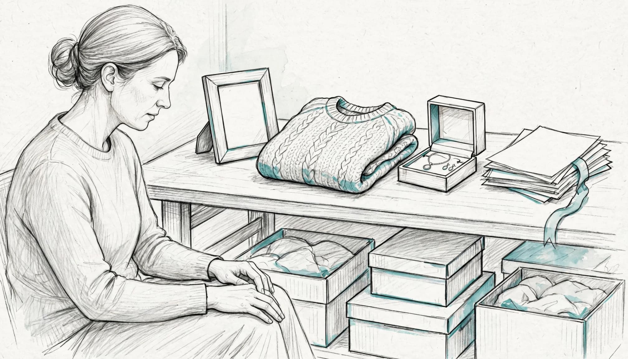 An adult calmly sorts keepsakes and papers on a wooden table beside storage boxes.