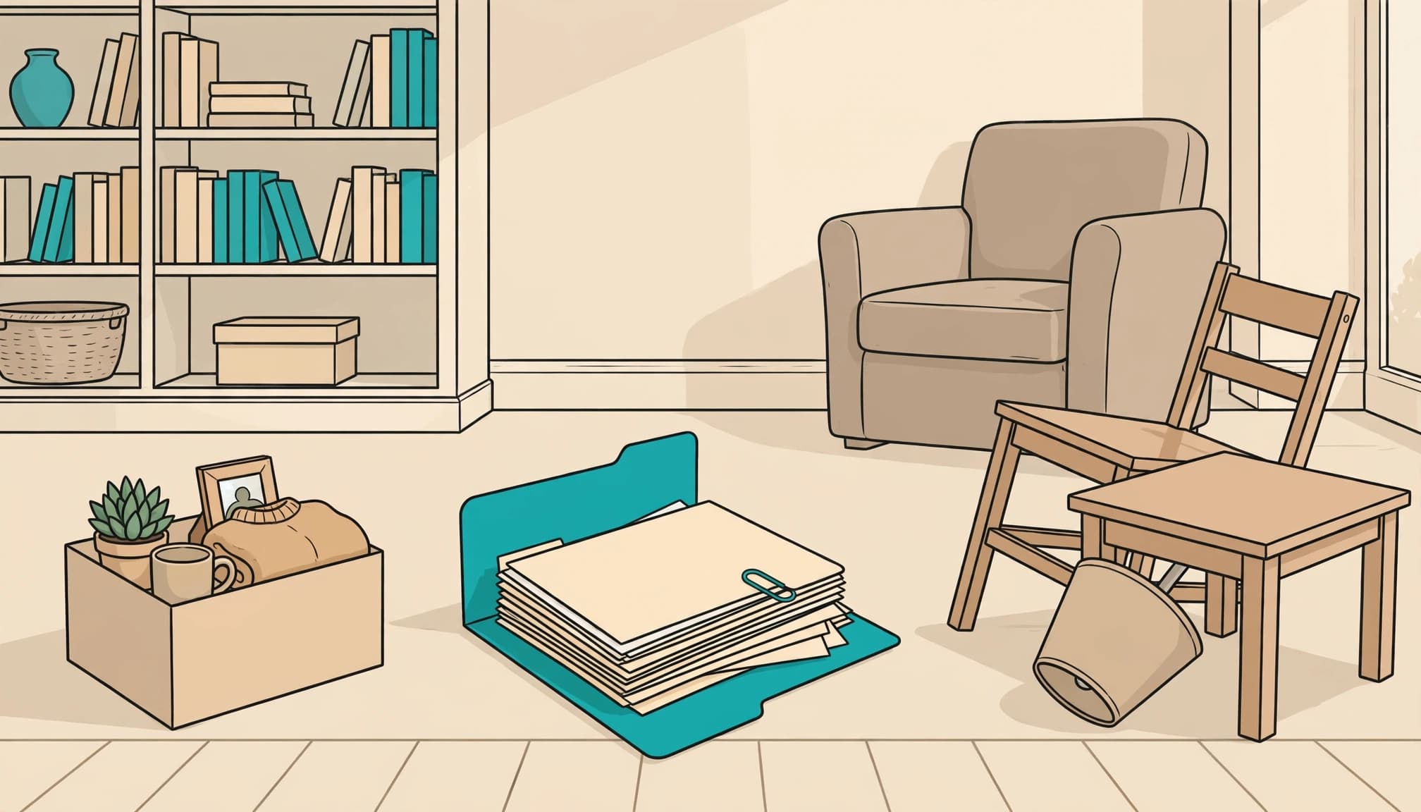 A plain box, furniture, and a folder of papers are separated in a tidy living room.