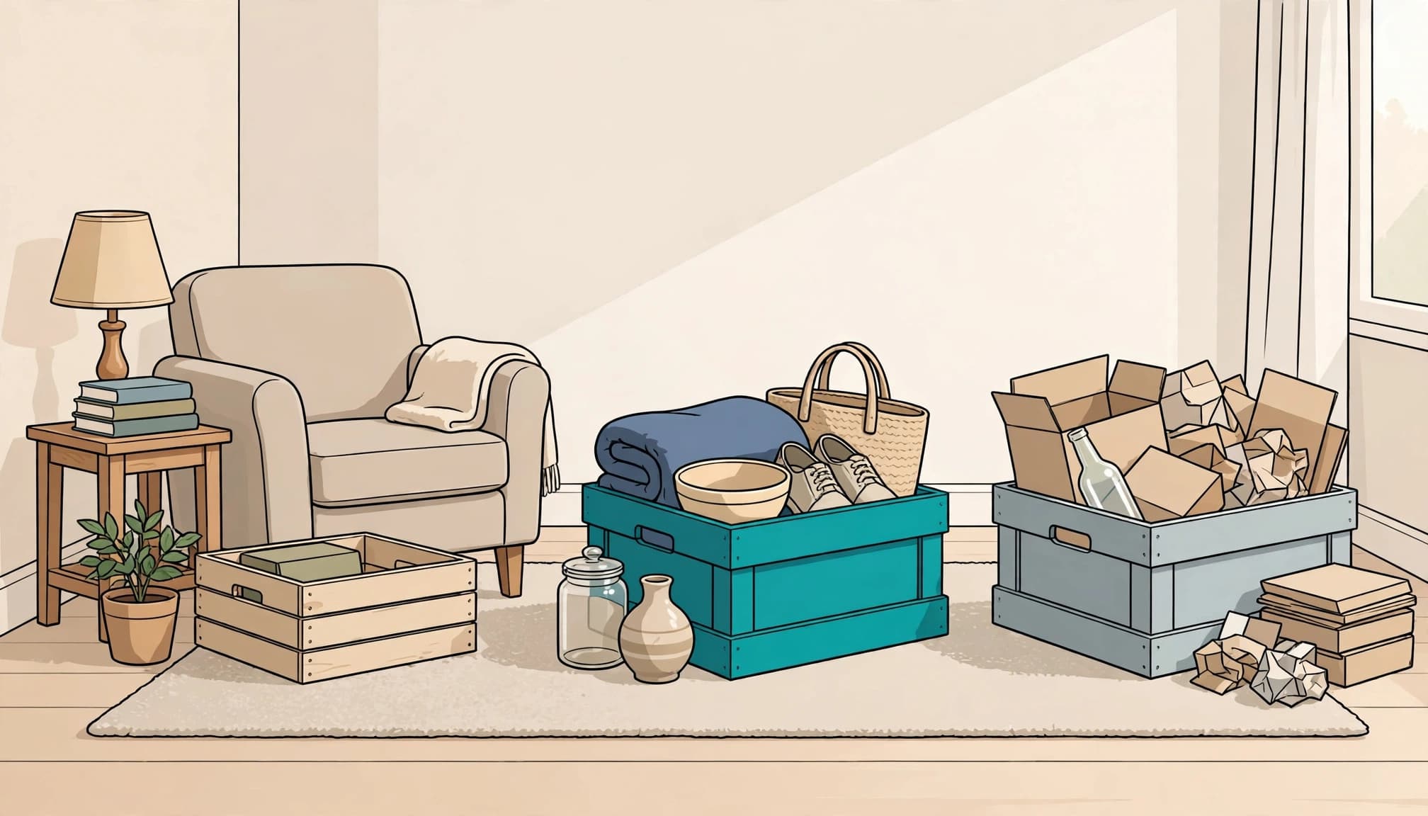 Furniture, books, and household items are sorted into three groups in a bright living room.