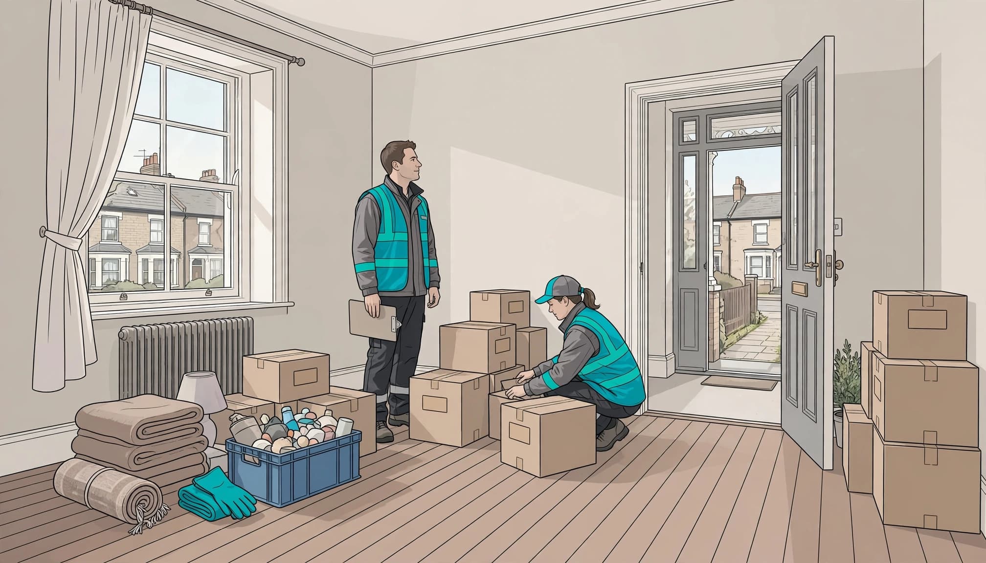 Two workers organise boxes and household items in a bright living room.