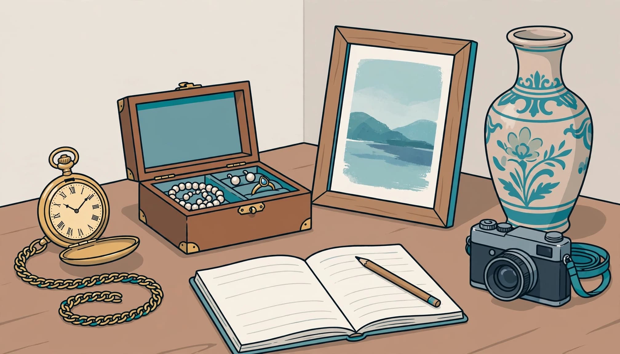 Four valuable estate items sit on a table beside a camera and notebook.