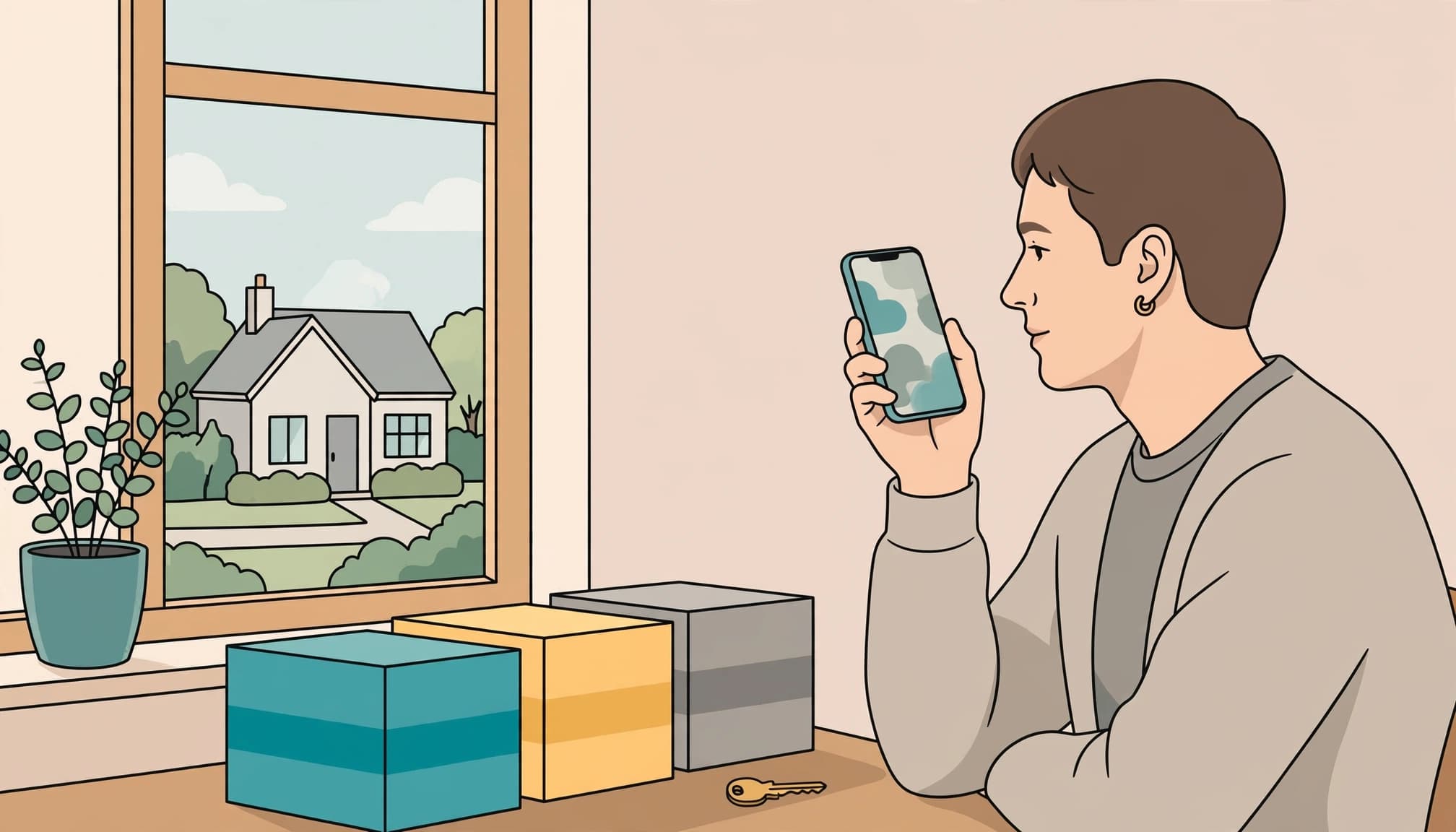 A seated adult coordinates a house clearance by phone beside boxes and a key.