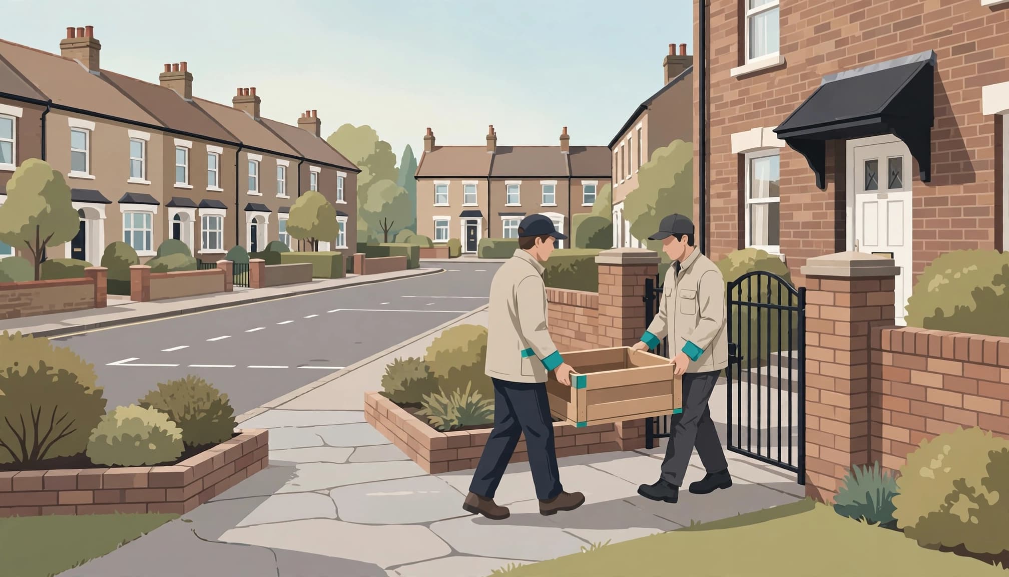 Two workers carry an empty crate along a clear path to a terraced house.