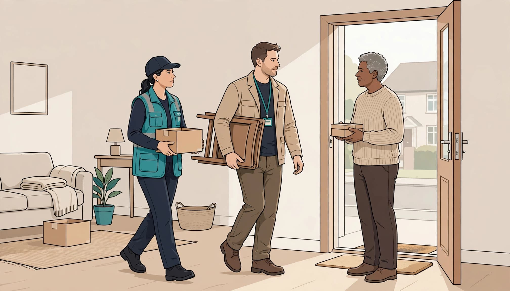 Two workers carry items toward the front door while a family member holds a keepsake box.