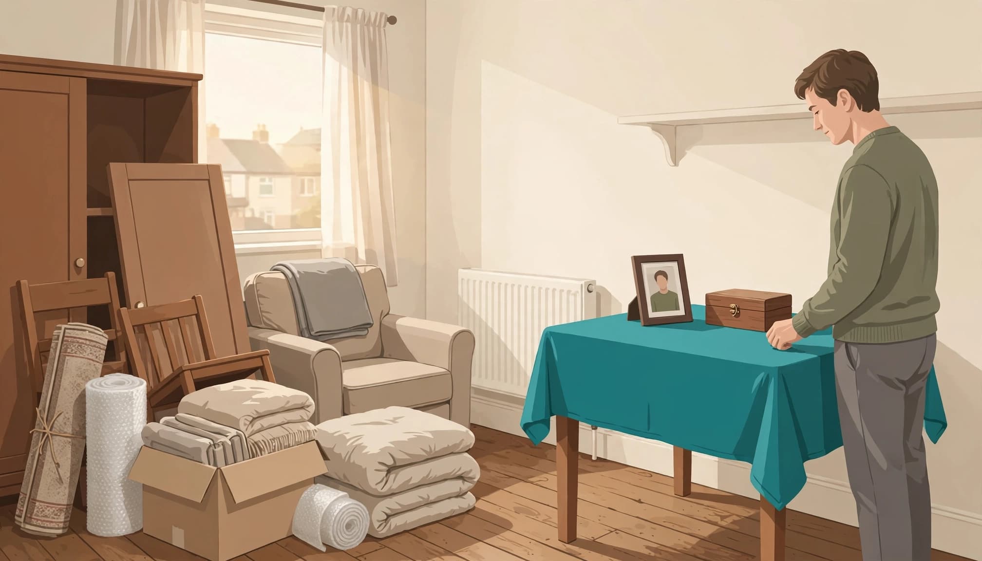 A person sorts keepsakes from furniture set aside for removal in a bright bedroom.