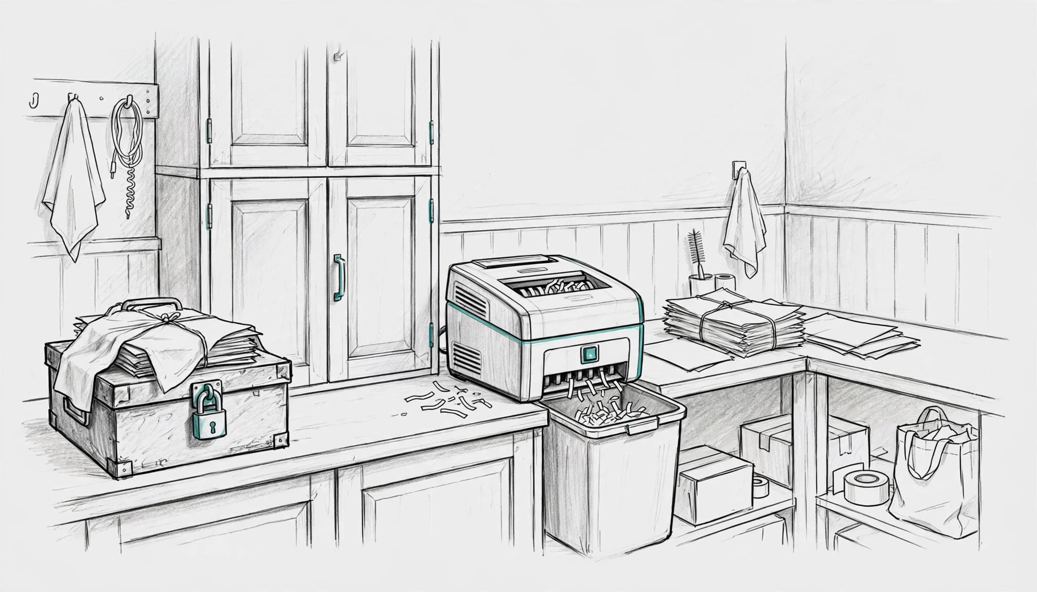 Locked box, shredder, and separate paper bundles on a utility room work surface.
