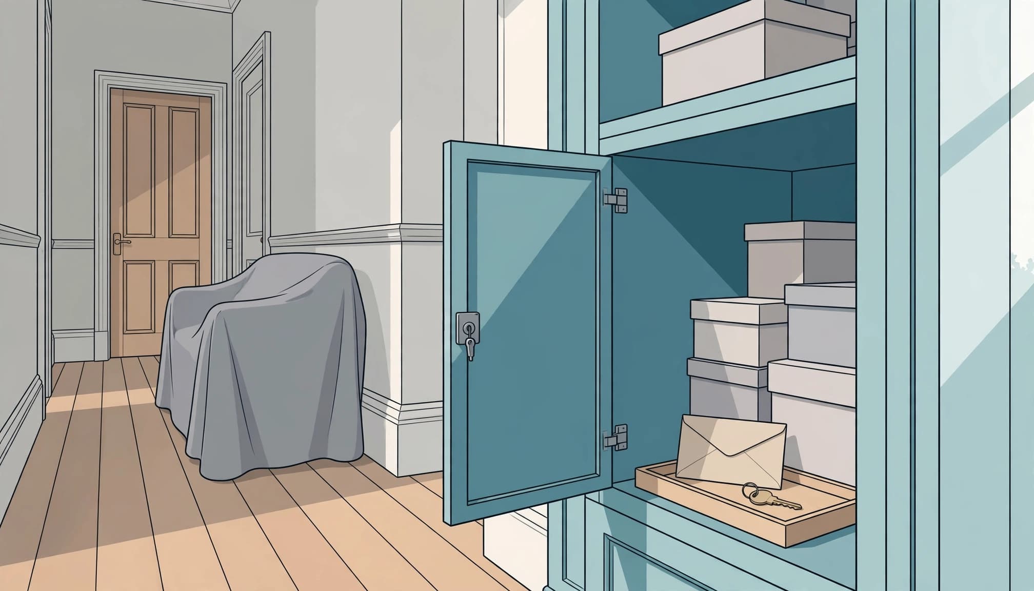 Locked cabinet with boxed valuables and a property key in an empty hallway.