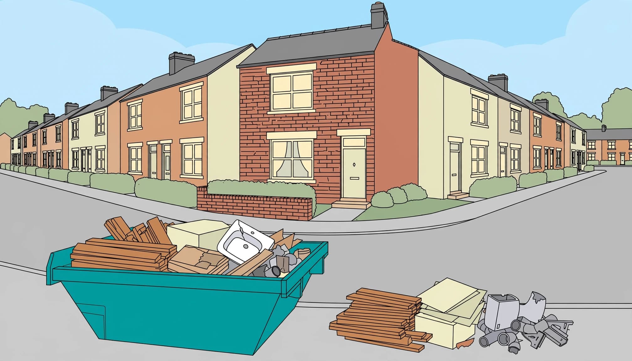 A teal skip and neatly stacked renovation waste outside a brick terraced house.