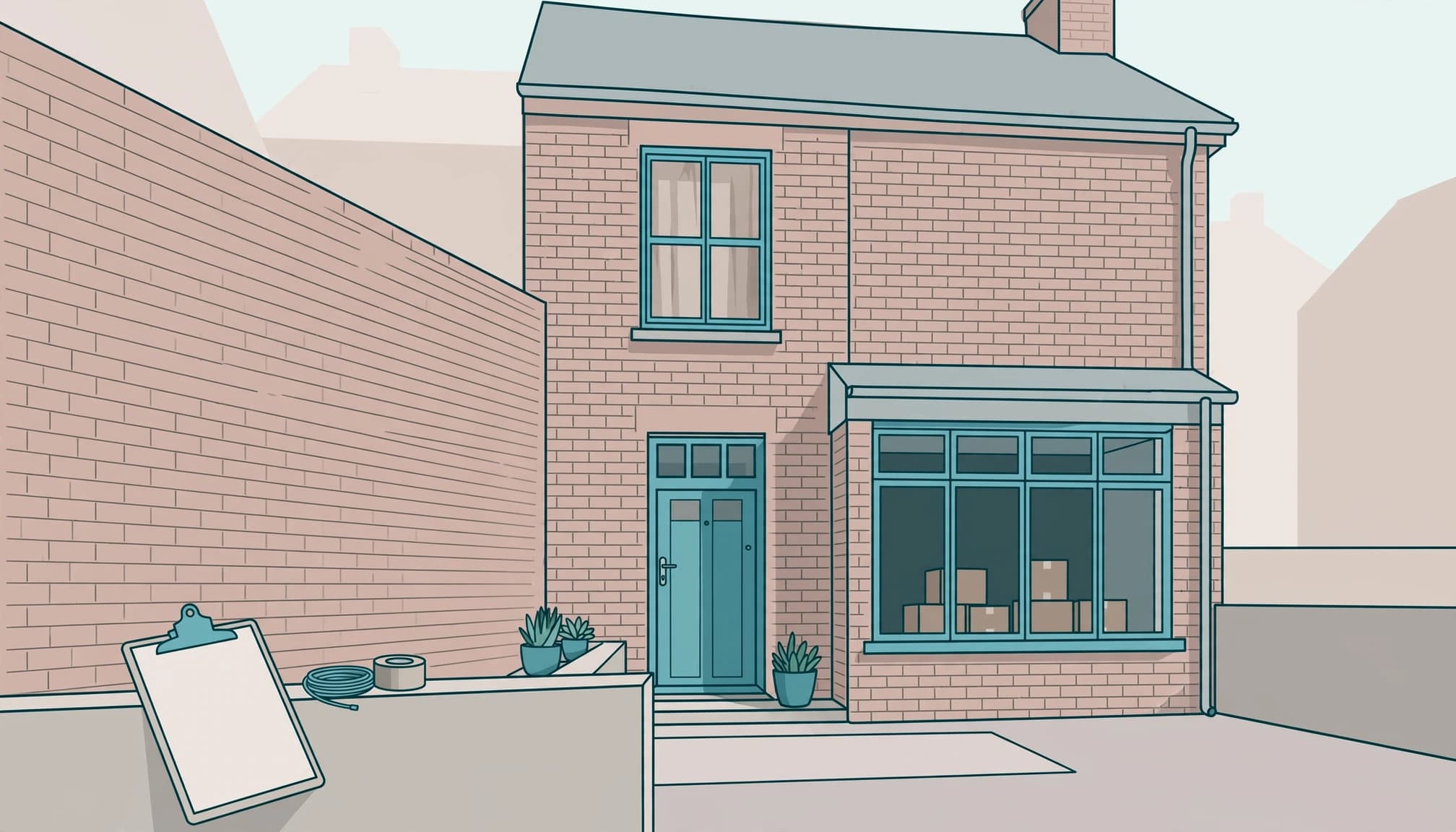 A vacant terraced house with a clipboard on a wall and boxes visible through a window.