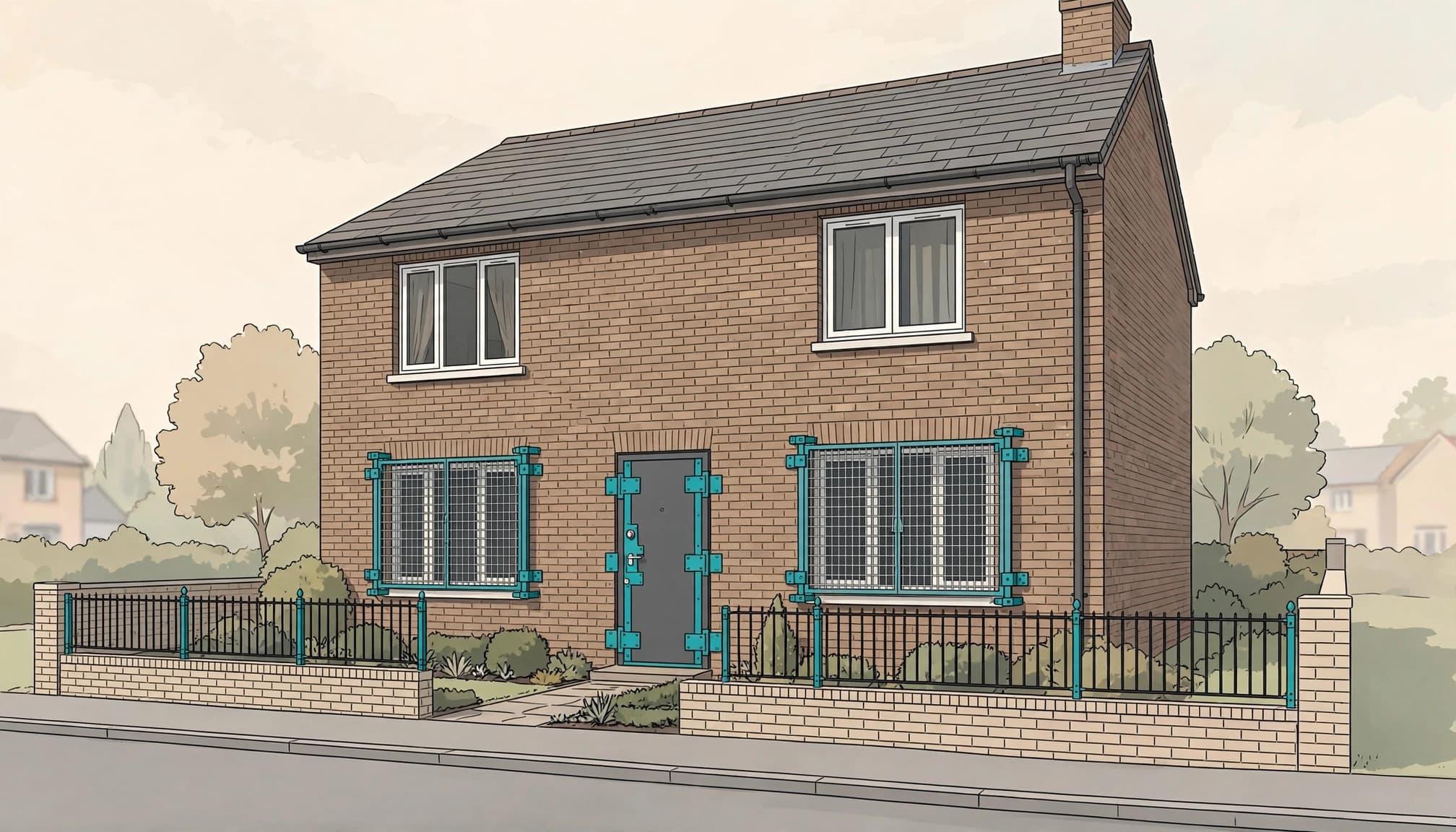 A vacant two-storey house with window screens, a reinforced door, and a tidy front garden.