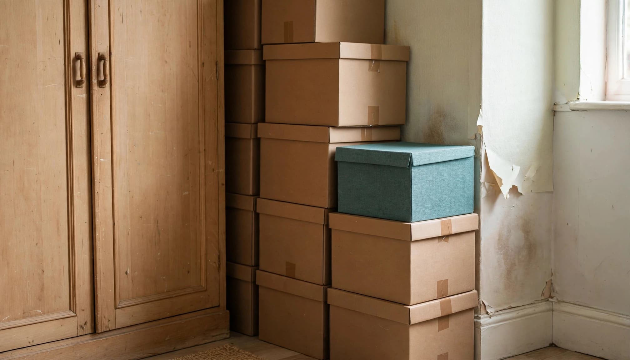 A wooden wardrobe next to stacked cardboard boxes and a teal box against a damaged wall with peeling wallpaper.