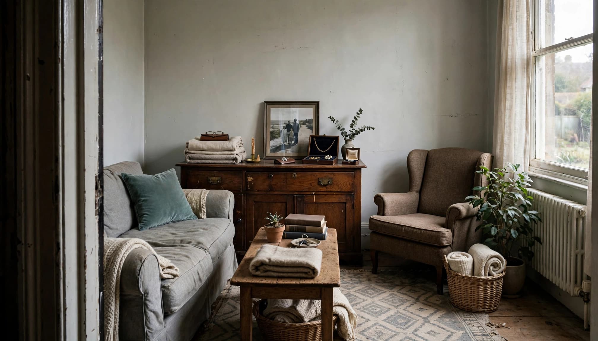 A quiet British sitting room with a sofa, armchair, sideboard with a framed photograph, and a coffee table.