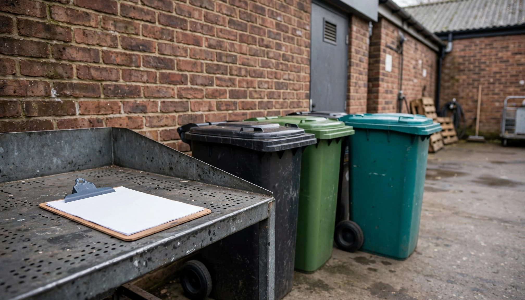 Waste containers stand beside a sorting station with a closed clipboard and blank papers.