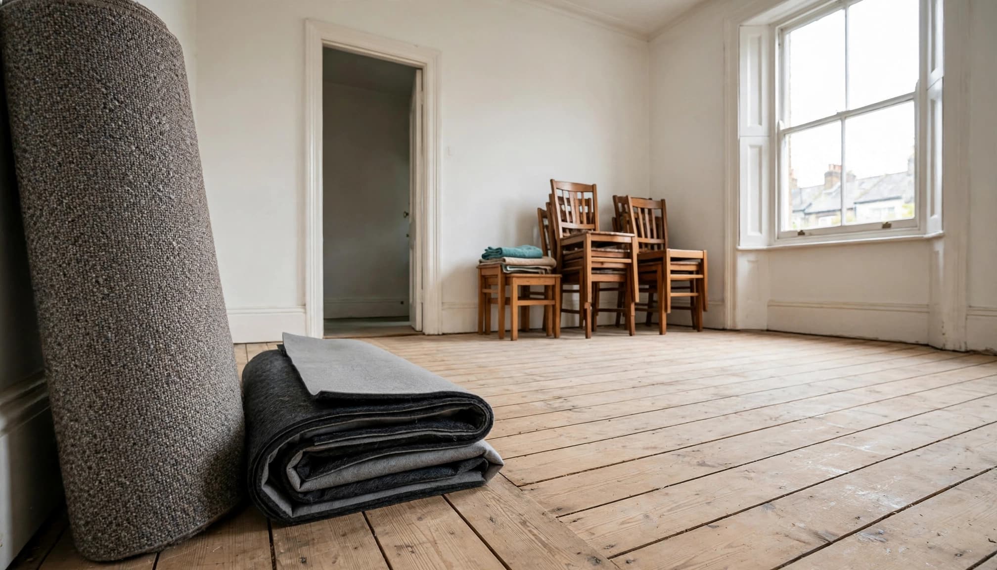 A rolled carpet and folded underlay on bare floorboards in a cleared room.