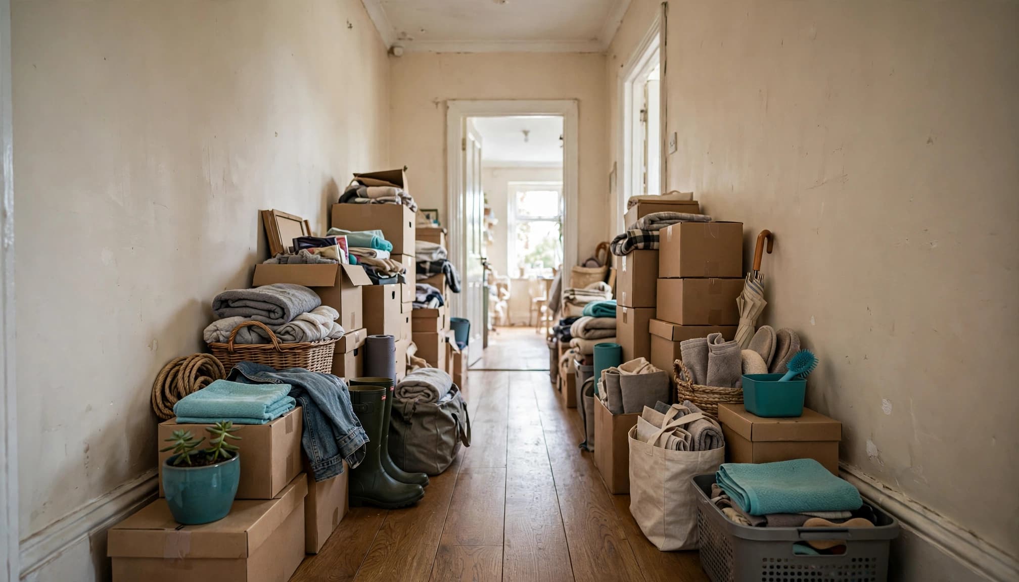 A narrow walking path through a hallway lined with stacked cardboard boxes and household items.