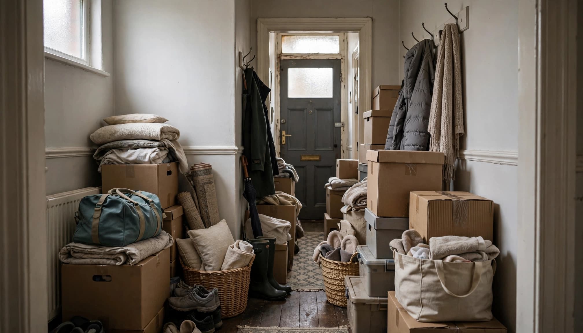 A cluttered domestic hallway filled with boxes, bags, and household items blocking the path to the front door.