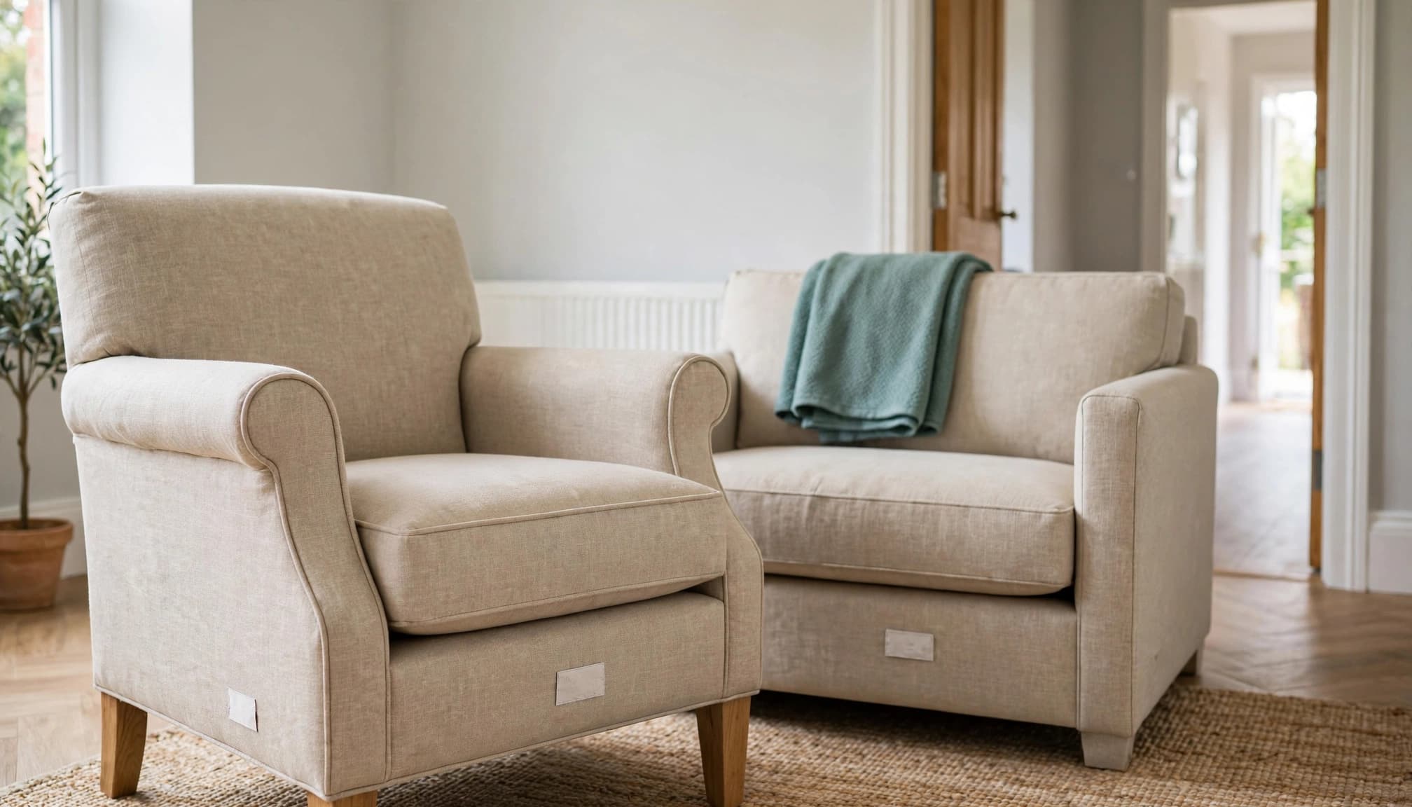 A beige armchair and small sofa in a bright home interior with a teal throw.
