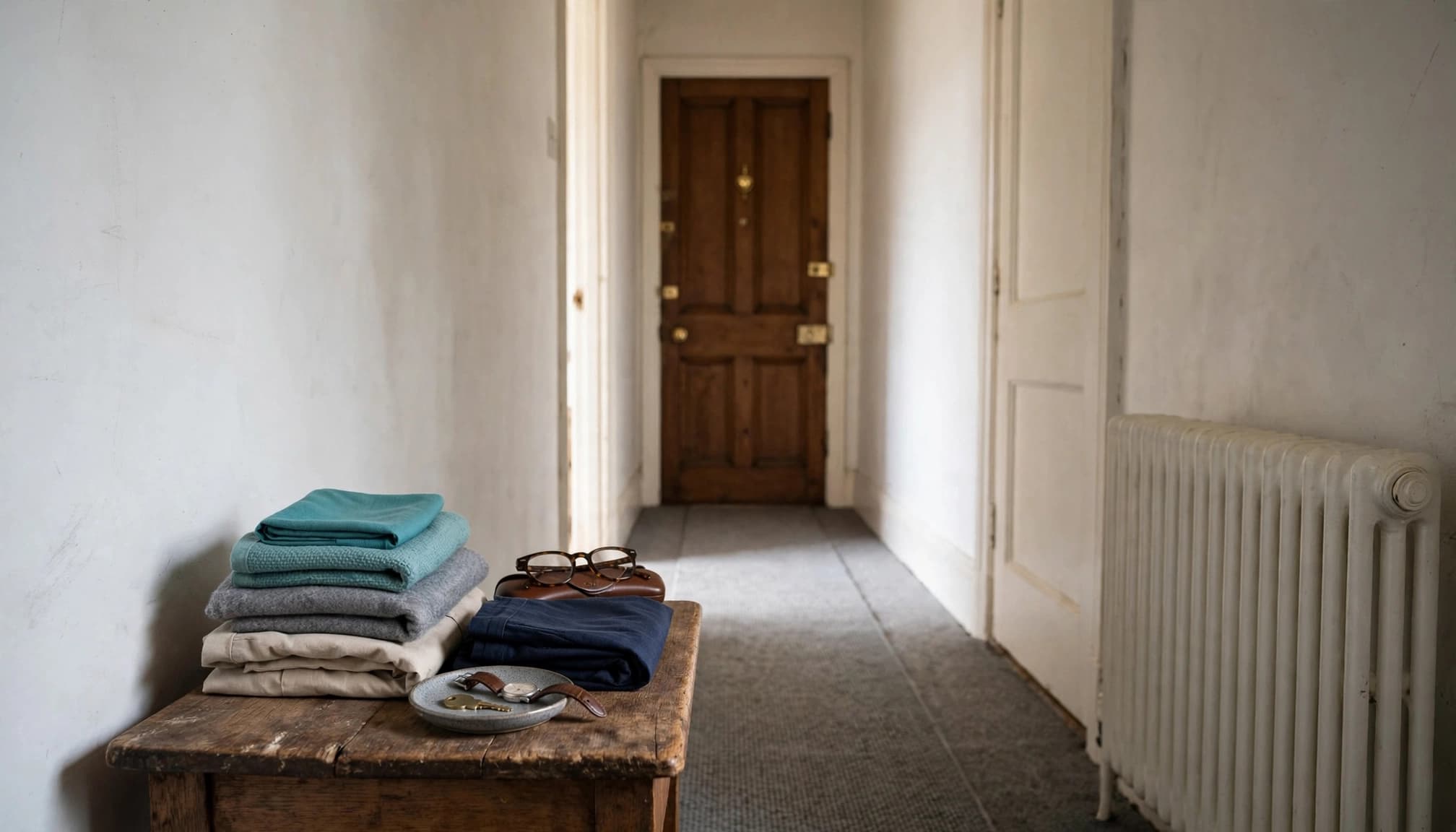 Sorted personal belongings rest on a side table beside an empty, sunlit hallway.