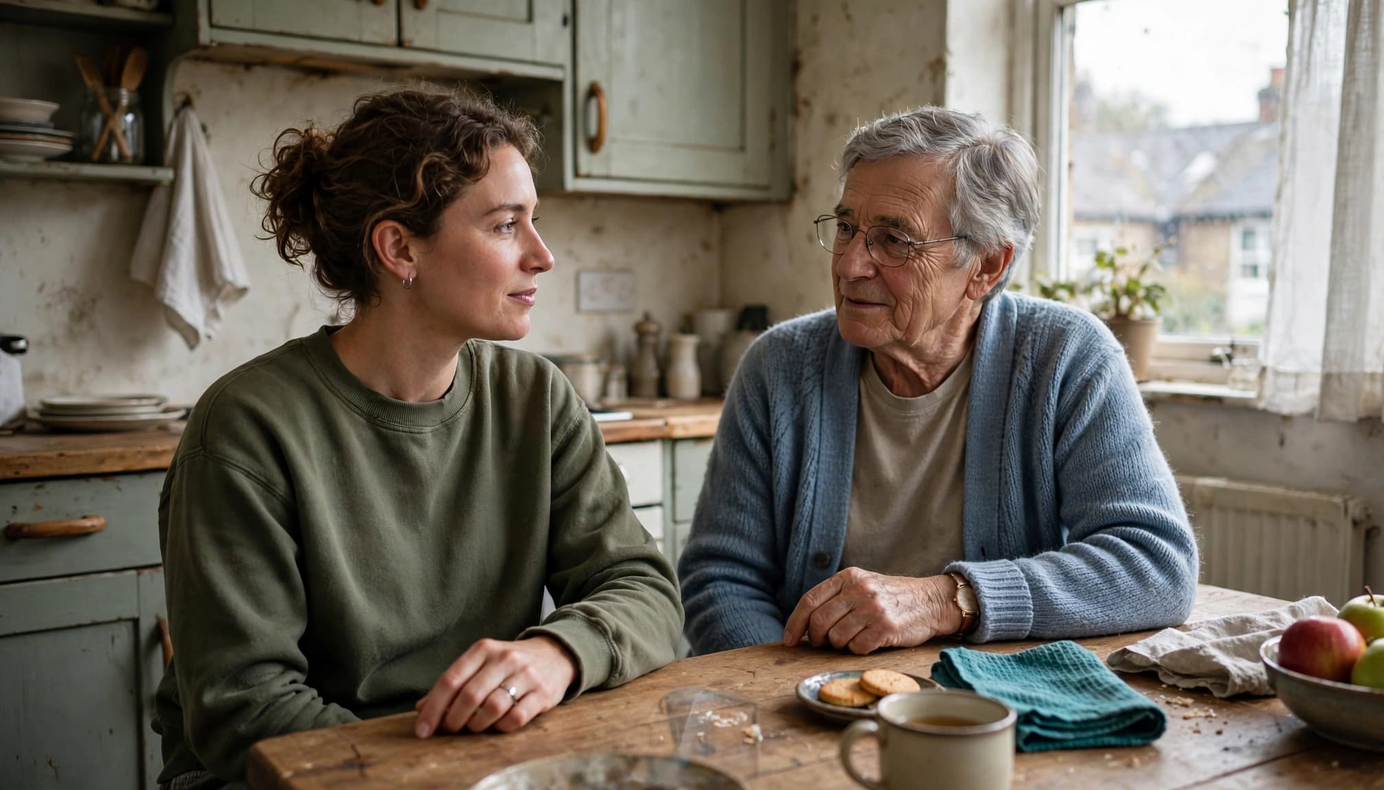 A family member and an older adult talk calmly at a kitchen table.